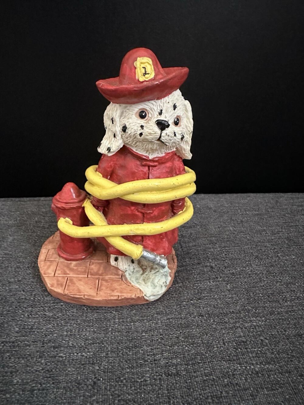 Firefighter Dalmatian Dog Figurine Fireman Helmet Hose Rescue Decor 4.5”